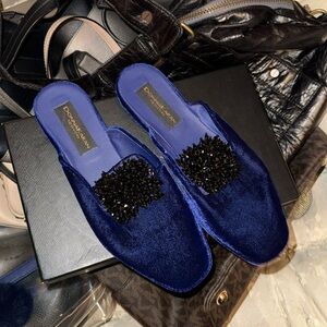 Donna Karan Blue Velvet Mules